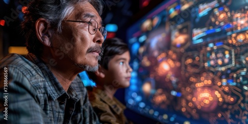 A man and a boy sit together, focused on the computer screen in front of them. They seem interested in what they are viewing