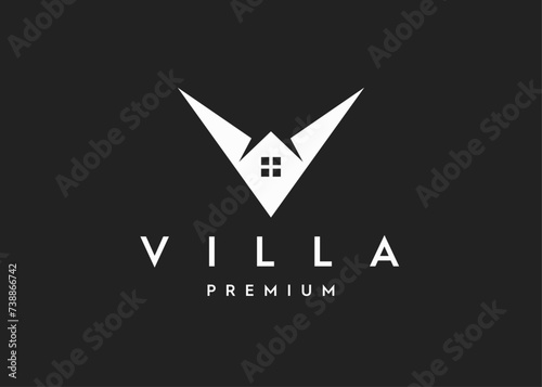 V letter and house logo, Real estate logo with letter V and house, House logo vector