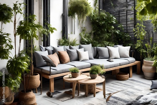Create a cozy and inviting outdoor balcony with comfortable seating and potted plants 