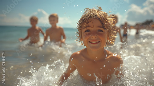 A young boy is seen playing in the shallow water at the beach, splashing and giggling as he enjoys the waves and sand. The sun is shining brightly. Family day concept