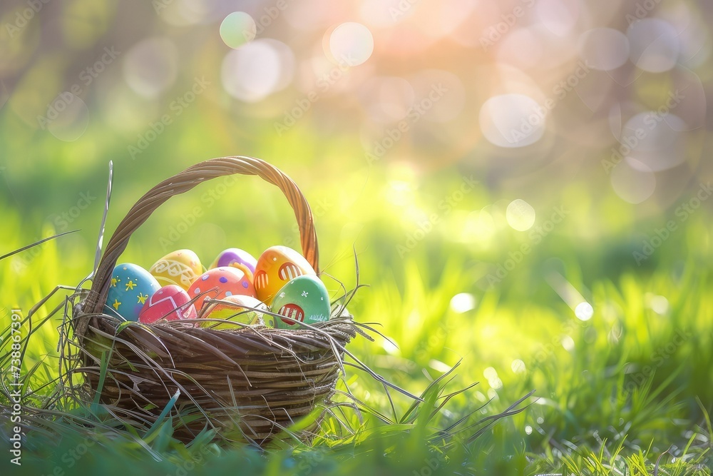 A basket filled with colorful easter eggs is sitting in a meadow. A basket filled with colorful easter eggs is sitting in a meadow.