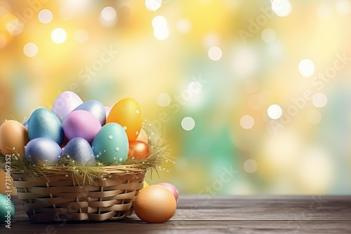 A romantic banner with easter eggs and flowers against bokeh background.