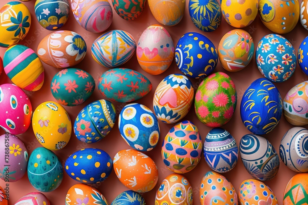 Colorful painted easter eggs are laying on a wooden floor, in the style of colorful, traditional mexican style.