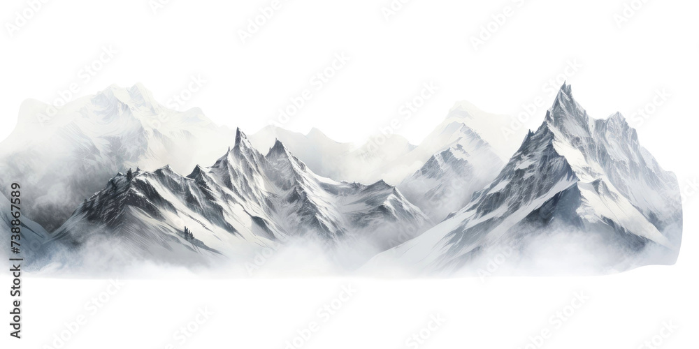 Snow capped mountains isolated on transparent a white background