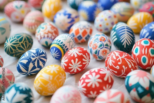 Colorful painted easter eggs are laying on a wooden floor, in the style of colorful, traditional mexican style.