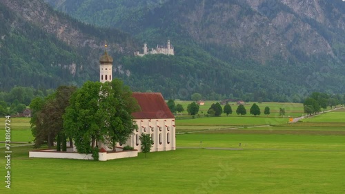 Drone wiew of the Saint Coloman church near the Neuschwanstein castle photo