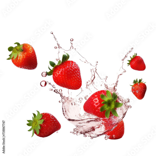 Strawberries. Falling strawberry fruits whole and cut isolated on white transparent background
