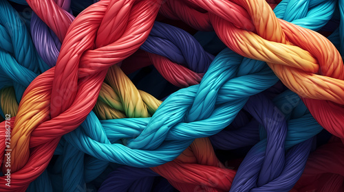 Many colorful ropes intertwined with each other