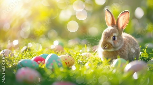 Easter bunny on sunny grass by colorful Easter eggs, in the style of blurred. photo