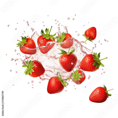 Strawberries. Falling strawberry fruits whole and cut isolated on white transparent background