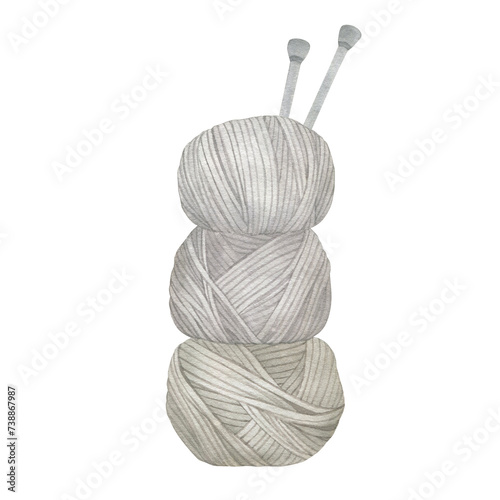 Watercolor set with knitting threads and needles. Hand drawn illustration on white background.