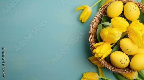 Easter eggs in basket on colored table with yellow Tulips. Natural dyed colorful eggs background top view with copy space.
