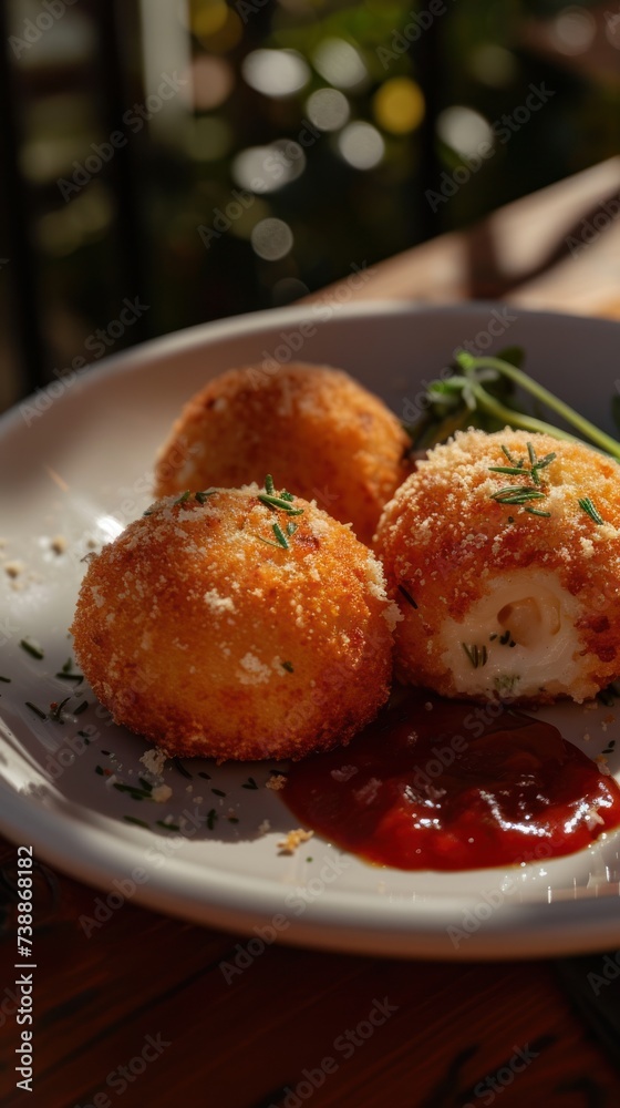 Three Arancini balls on the plate in restaurant with tomatoes sauce. Snack, Sicilian street food menu starter Three Arancini balls on the plate in restaurant with tomatoes sauce. Snack, Sicilian street food menu starter