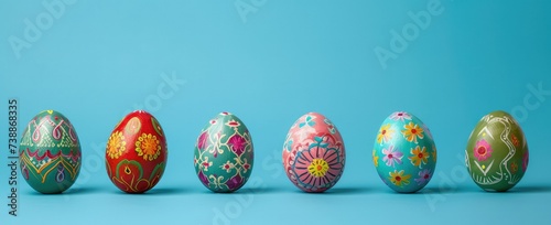 Easter painted eggs in Iranian theme stand in a row.