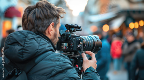 A cameraman capturing footage on a busy street using a professional video camera.