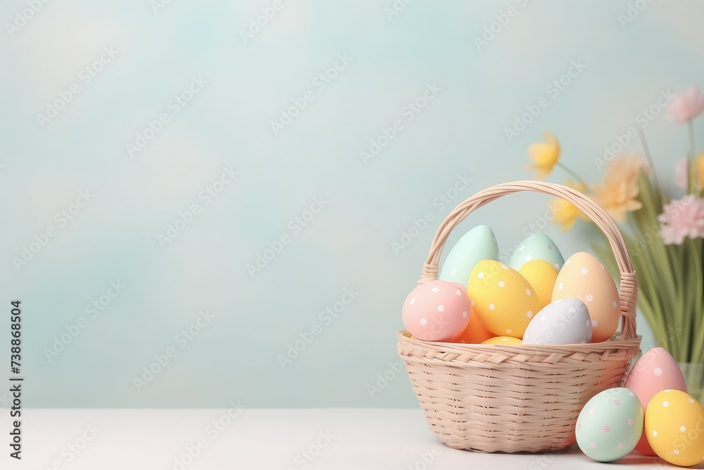 Fototapeta premium Easter pastel pink background in a banner format with colorful Easter eggs and bokeh