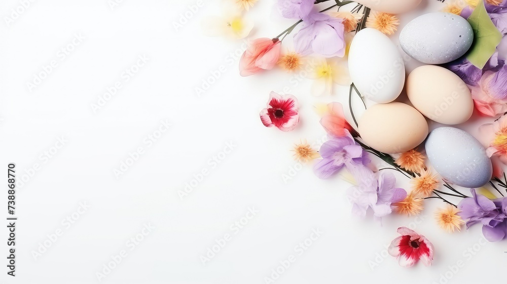 Happy Easter concept with easter eggs in nest and spring flowers. Easter background with copy space. Flat lay