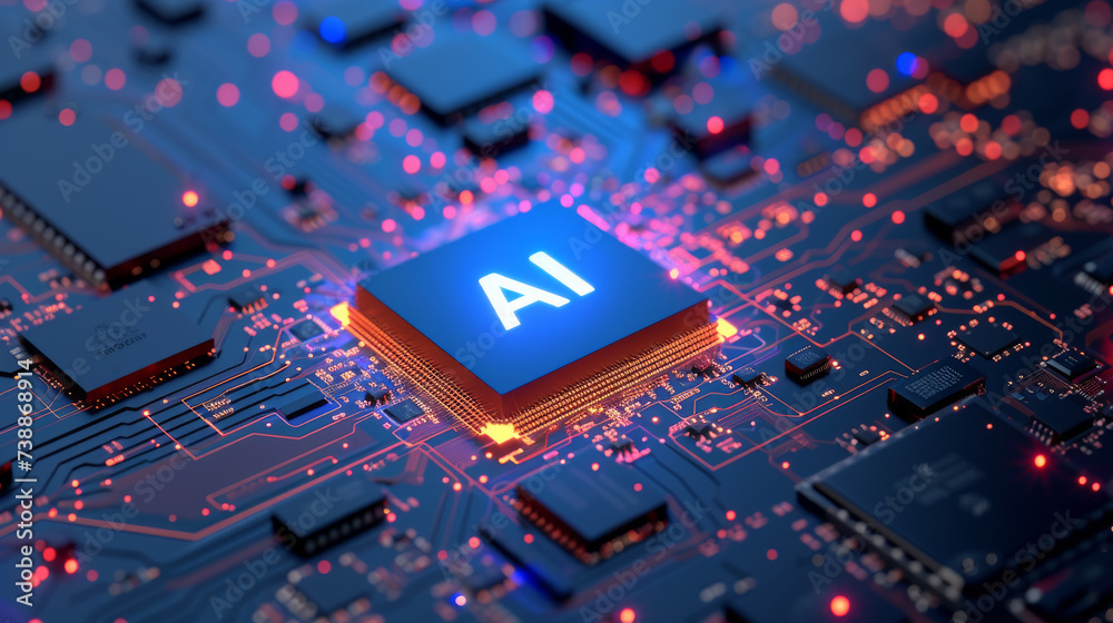 Close up macro shot of computer CPU motherboard mainboard with AI powered chip semi conductor processor circuit board. Future Technology Digital Data. Big Data deep learning concept. Close up macro shot of computer CPU motherboard mainboard with AI powered chip semi conductor processor circuit board. Future Technology Digital Data. Big Data deep learning concept.