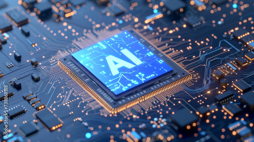Close up macro shot of computer CPU motherboard mainboard with AI powered chip semi conductor processor circuit board. Future Technology Digital Data. Big Data deep learning concept.	