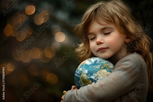 A child embraces a miniature model of Earth symbolizing environmental care. Concept Photography, Child, Earth model, Nature, Environmental care
