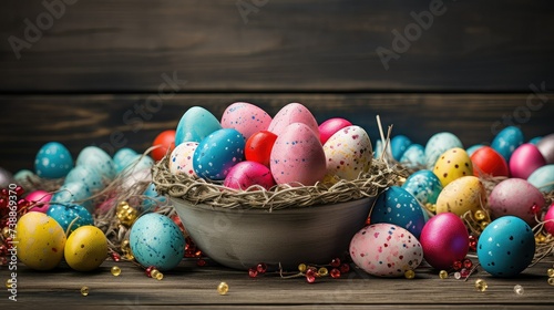 Joyful Easter! Colorfully adorned eggs nestled within a basket, resting upon a charming wooden table.