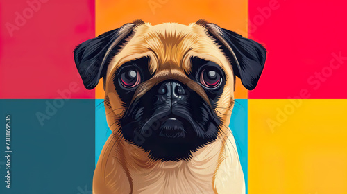 Funny cartoon pug on a bright colored background