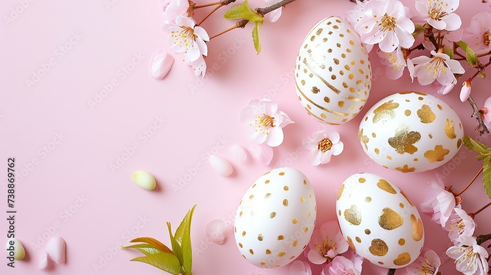 White and gold painted Easter eggs on soft pink background with copy space and pink flowers decoration
