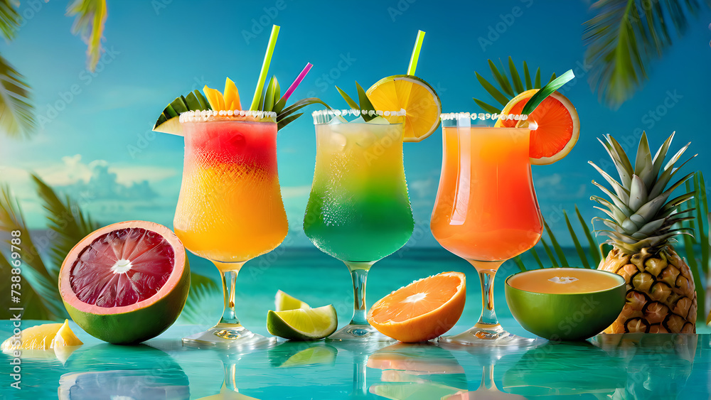 Fototapeta premium Fresh cocktails and tropical juice drinks Generative Ai 