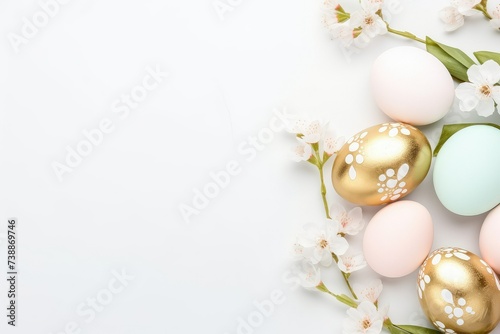 White and gold painted Easter eggs on white background with copy space and pink flowers decoration