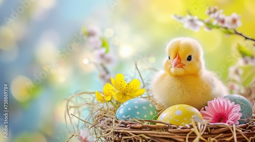 Yellow chick with an egg sitting in a nest in flowers. The concept of Easter. © Suwanlee