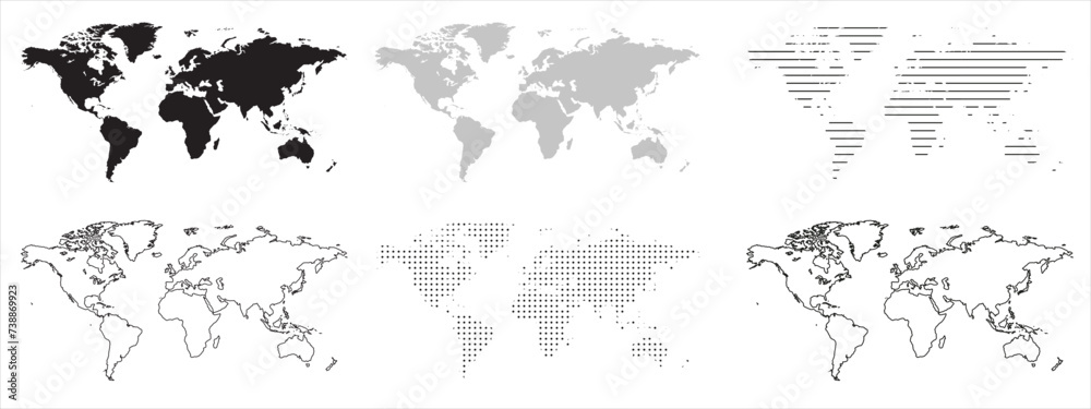 World Map variants. Black and grey world map on isolated background. Vector illustration.