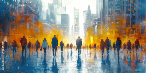 An abstract illustration of a busy urban street during the day, with a crowd of people in motion
