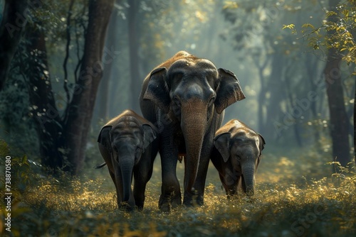 Elephant family in wild nature walking near the forest