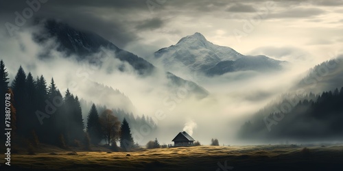 Lone house surrounded by misty autumn mountains creates an eerie ambiance. Concept Mountains, Autumn, Eerie Ambiance, Mist, Lone House