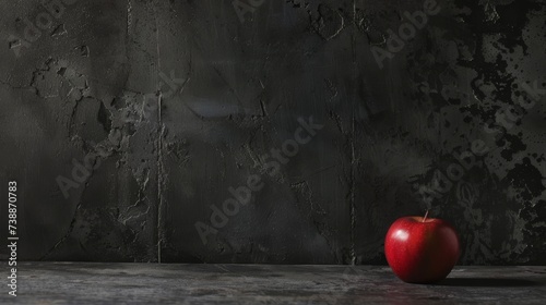 Red Apple on Charcoal Grey Background Low Angle Shot.