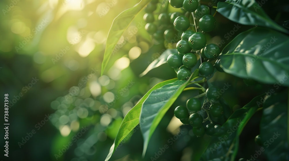 Black pepper - plant with green berries and leaves, farm at Binh Phuoc Black pepper - plant with green berries and leaves, farm at Binh Phuoc