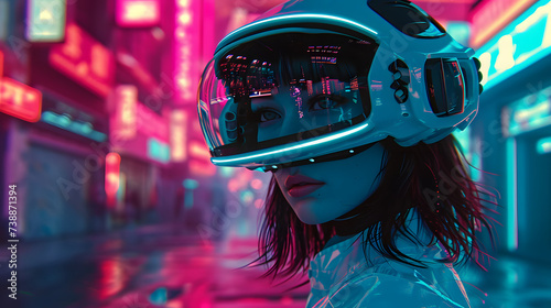 cyberpunk girl with augmented reality helmet, future AI metaverse concept © Demencial Studies