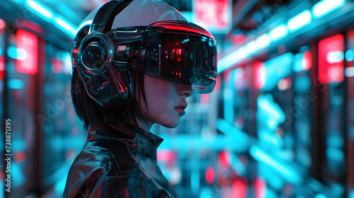 cyberpunk girl with augmented reality helmet, future AI metaverse concept photo