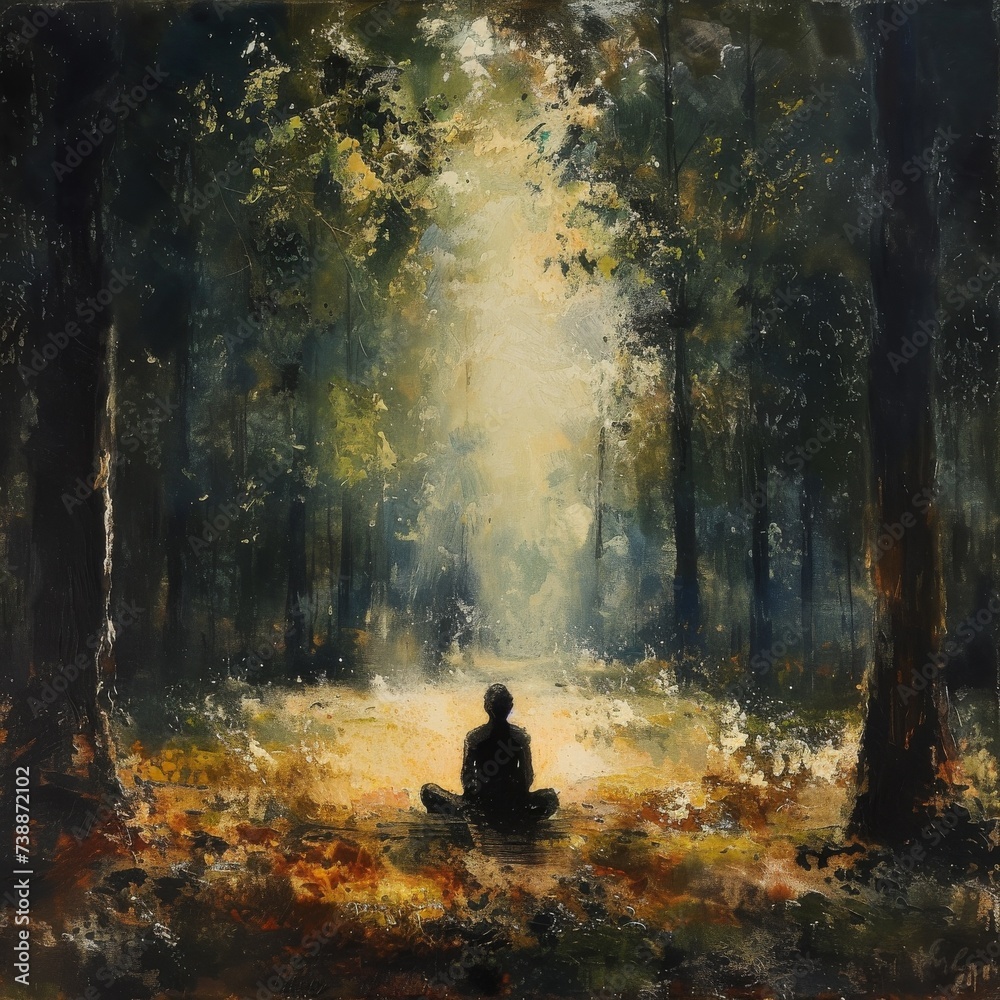 A solitary figure meditating in a peaceful woodland, connecting with nature's energy in a tranquil setting.--ar 2:3 --v 6 Job ID: 0f0d0d80-9b64-4519-ae84-c397db465475