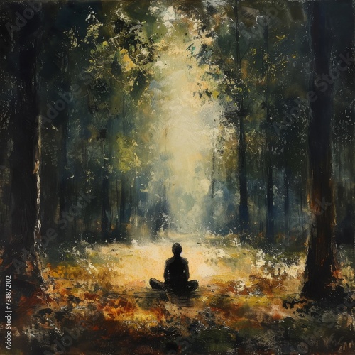 A solitary figure meditating in a peaceful woodland, connecting with nature's energy in a tranquil setting.--ar 2:3 --v 6 Job ID: 0f0d0d80-9b64-4519-ae84-c397db465475