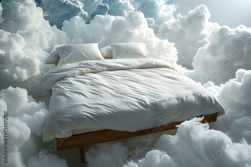 A Cozy Bed Surrounded by Dreamy Clouds, Forming a Perfect Sanctuary. Concept Dreamy Cloud Decor, Cozy Bedroom Setup, Sanctuary Vibes