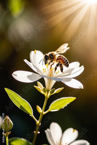 Backlit honeybee rapidly beating its transparent wings on course for aromatic white jasmine flowers in the warm sunlight. © RodriguezGarcia