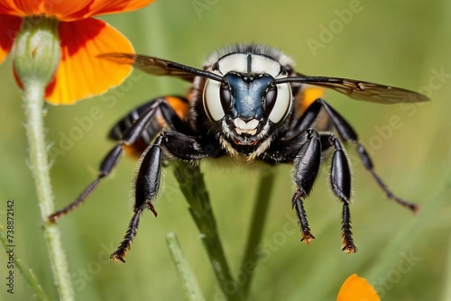 Bald faced hornet buzzing quickly over fresh green grass toward clusters of fragrant orange California poppies.