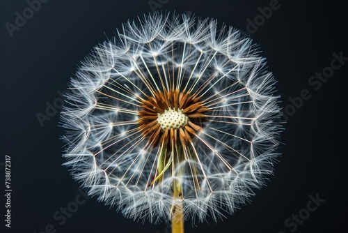 Detailed shot revealing the delicate lace-like patterns of dandelion seeds. photo