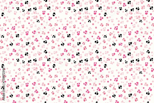 Seamless pattern with black and pink paw prints on a white background