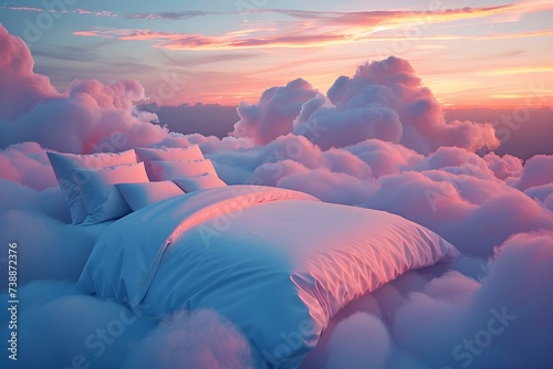 A dreamy bed surrounded by clouds, forming a perfect sanctuary. Concept Bedroom Decor, Cloud Theme, Dreamy Ambiance, Relaxing Retreat, Cozy Sancturary