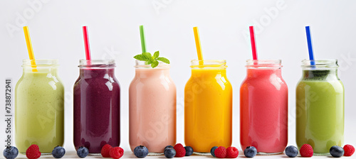 Row of healthy fresh fruit and vegetable smoothies with assorted ingredients served in glass bottles with straws isolated on white background 