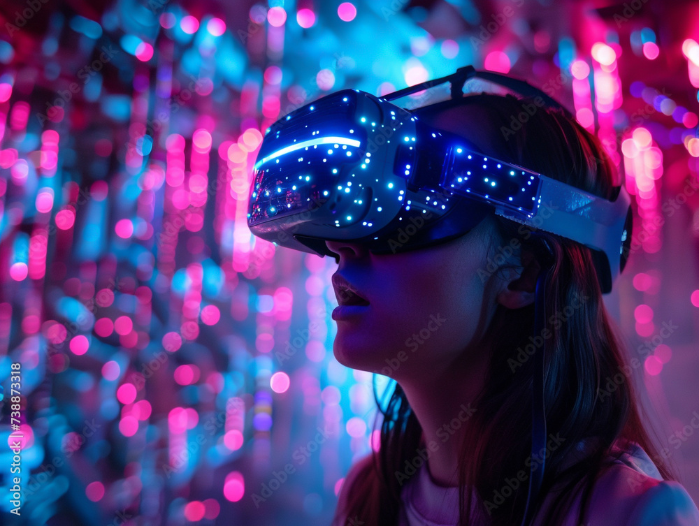 Exploring a futuristic virtual world with illuminated VR headset. Exploring a futuristic virtual world with illuminated VR headset.