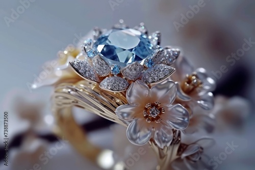 An engagement wedding ring with aquamarine-blue sapphires and diamonds. Creative inspiring floral concept for jewellery design. Defocused backdrop, copy space for text. AI generated design