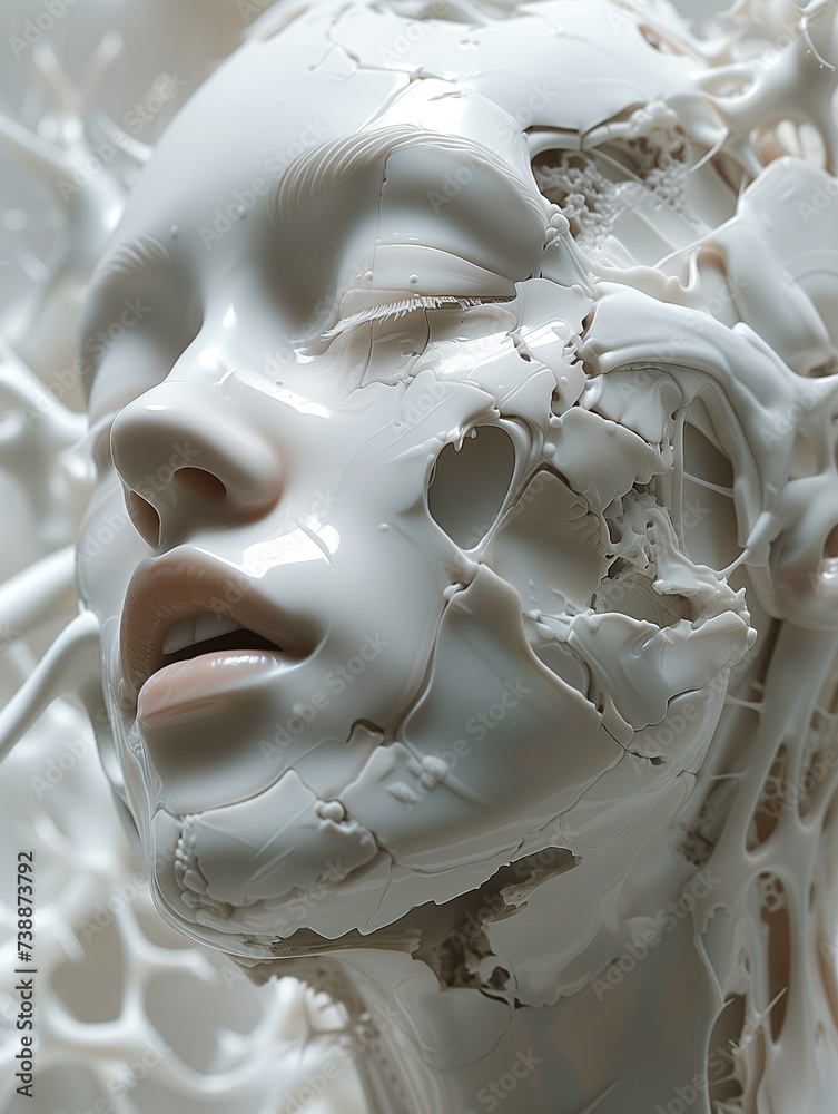 Naklejka premium Close up face of white porcelain Android woman. Future, tech concept